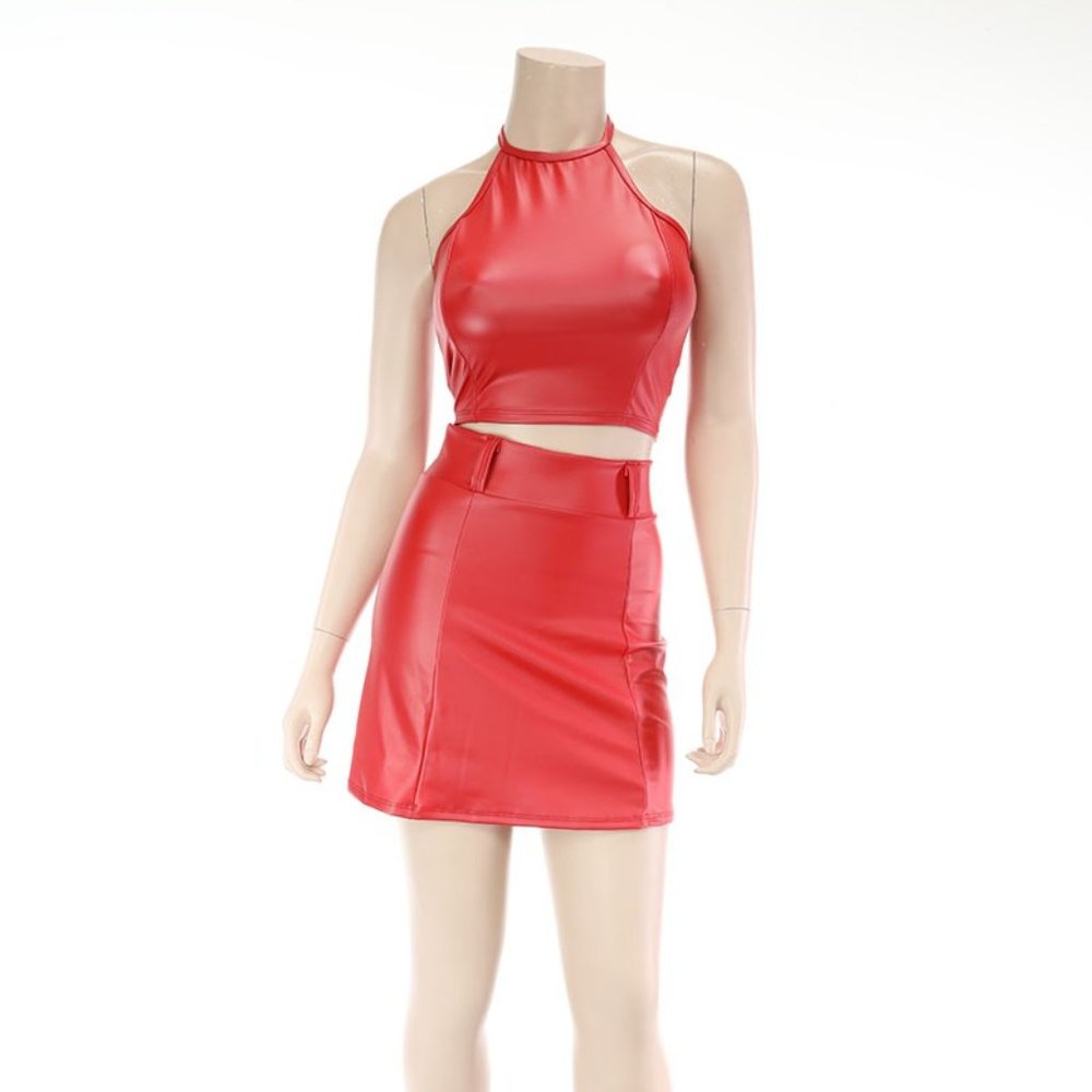 Chic, Sexy High Waist Style with the matching top, Pu Leather Women  Skirt Red